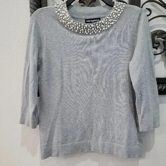 Karl Lagerfeld Pearl Embellished Neckline Quarter Sleeve - Picture 2 of 11